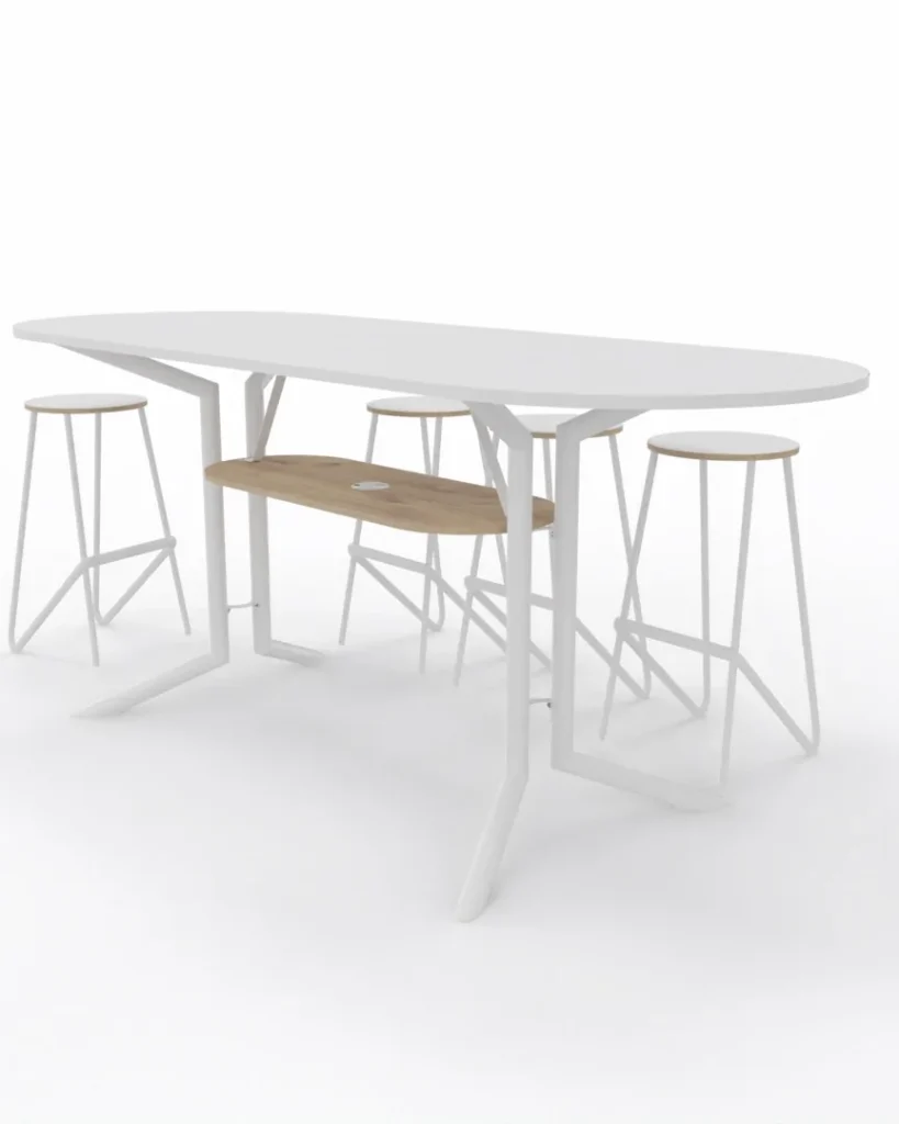 Pill top meeting tables, stand up and bar height tables