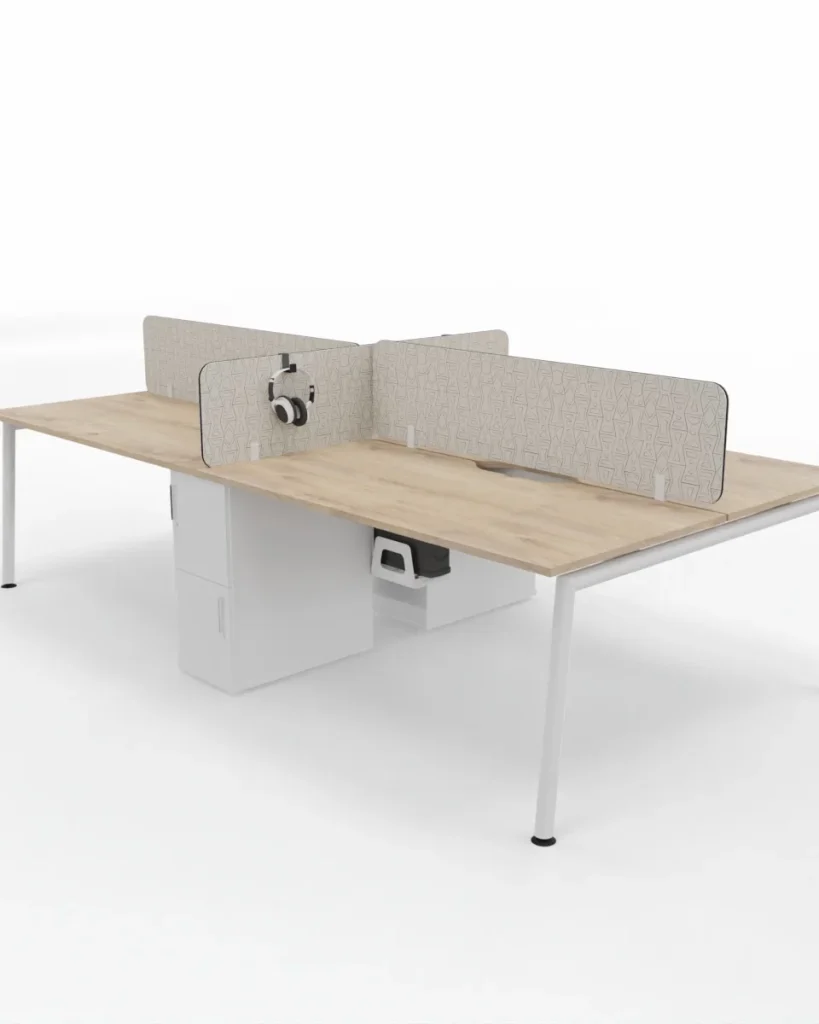 Slim line side by side desks with shared pedestal, bench desks